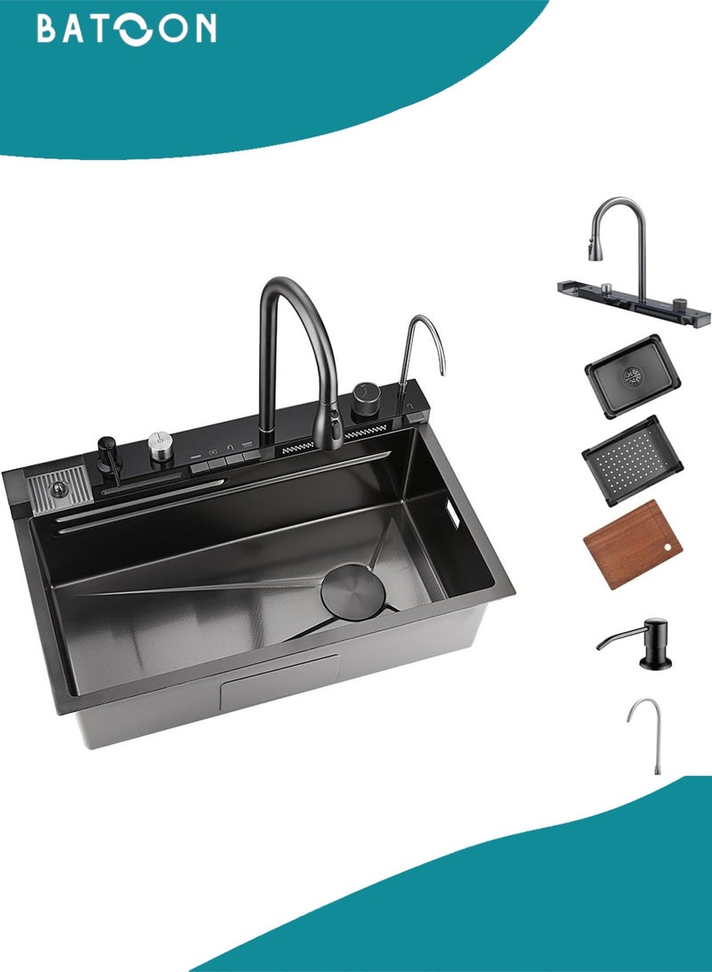 باتون حوض مطبخ شلال من الفولاذ المقاوم للصدأ 304 مع فتحة واحدة كبيرة ومجموعة صنبور شاشة رقمية مدمجة وموزع صابون وغسالة أكواب - Image 3