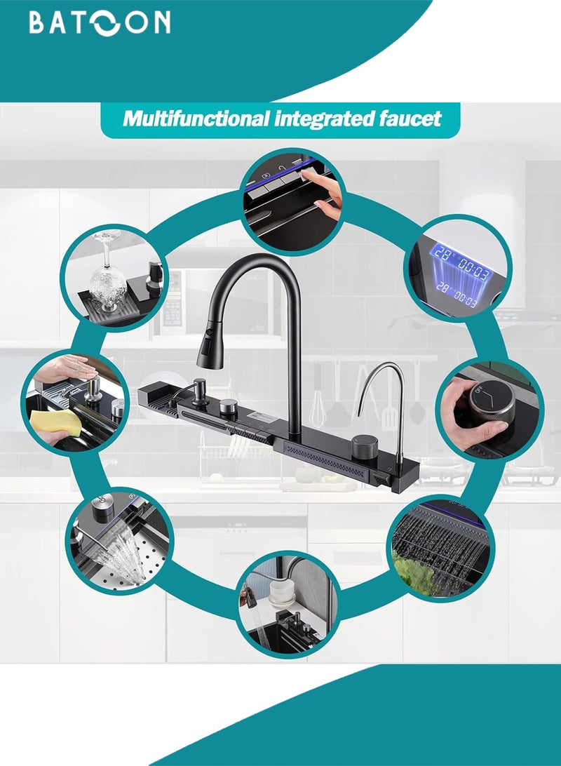 باتون حوض مطبخ شلال من الفولاذ المقاوم للصدأ 304 مع فتحة واحدة كبيرة ومجموعة صنبور شاشة رقمية مدمجة وموزع صابون وغسالة أكواب - Image 5