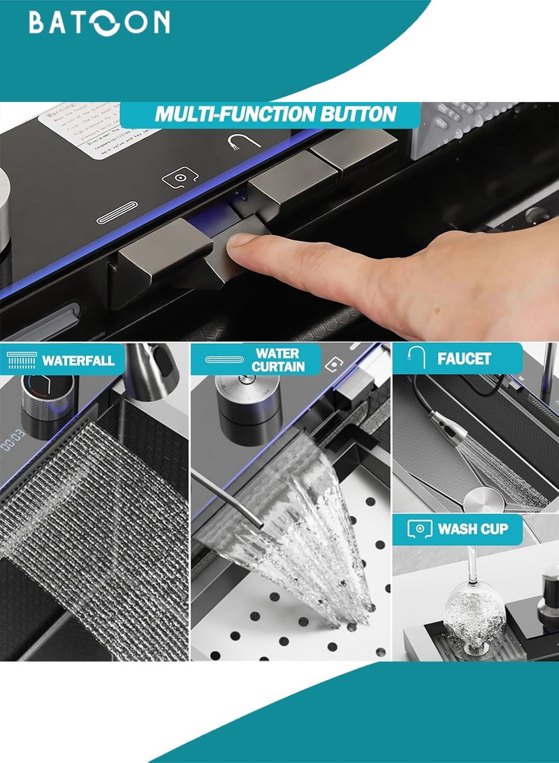 باتون حوض مطبخ شلال من الفولاذ المقاوم للصدأ 304 مع فتحة واحدة كبيرة ومجموعة صنبور شاشة رقمية مدمجة وموزع صابون وغسالة أكواب - Image 4