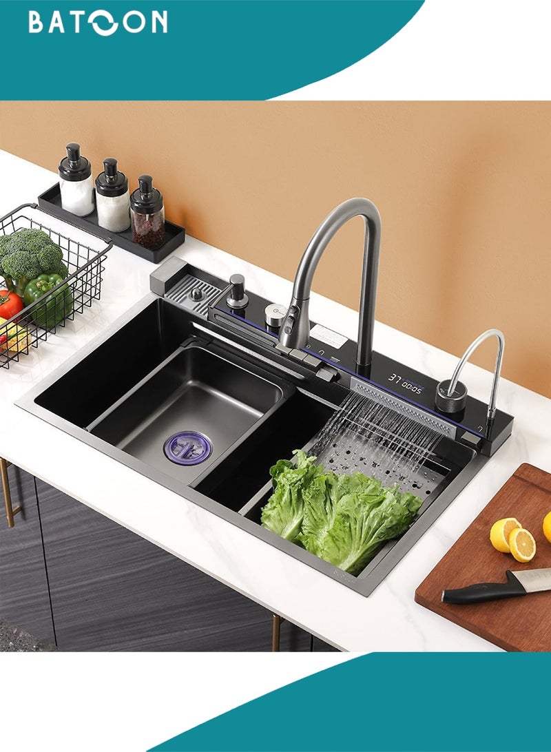 باتون حوض مطبخ شلال من الفولاذ المقاوم للصدأ 304 مع فتحة واحدة كبيرة ومجموعة صنبور شاشة رقمية مدمجة وموزع صابون وغسالة أكواب - Image 2