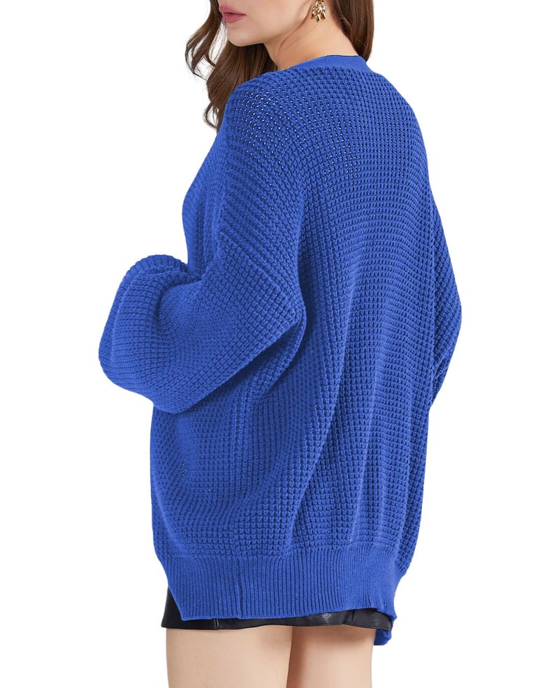 QUALFORT Women's 100% Cotton Cardigan Sweaters for Women Oversized Button-Down Long Sleeve Knit Jackets Oufits Royal Blue Medium - Image 2