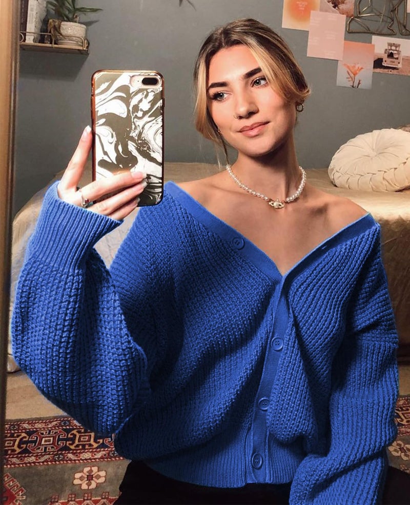 QUALFORT Women's 100% Cotton Cardigan Sweaters for Women Oversized Button-Down Long Sleeve Knit Jackets Oufits Royal Blue Medium - Image 3