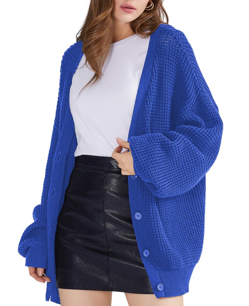 QUALFORT Women's 100% Cotton Cardigan Sweaters for Women Oversized Button-Down Long Sleeve Knit Jackets Oufits Royal Blue Medium - Image 1
