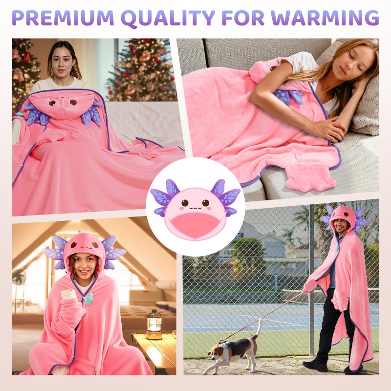 Mewaii Softness Wearable Axolotl Blanket Hoodie â€“ Expertly Designed for American Body,Full Coverage with Easy Movement,Oversized Warm and Cozy Flannel Blanket, Axolotl Gift for Women - Image 2