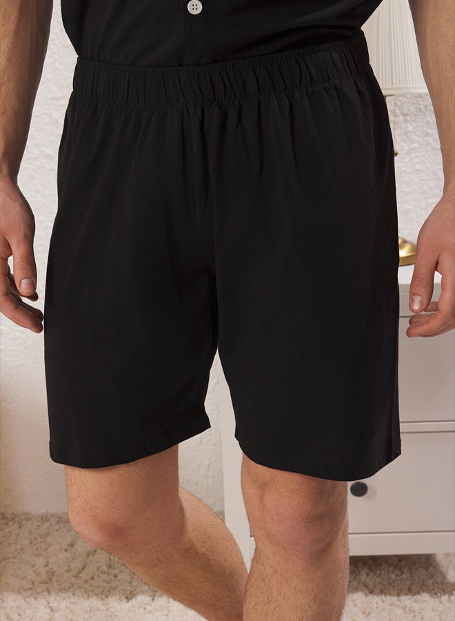 trendyol Black Regular Fit Knitted Pajamas Set with Buttoned Piping Detail Shorts - Image 3