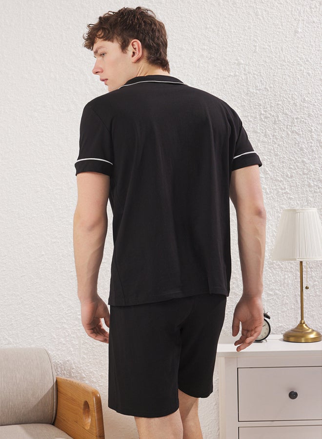 trendyol Black Regular Fit Knitted Pajamas Set with Buttoned Piping Detail Shorts - Image 4