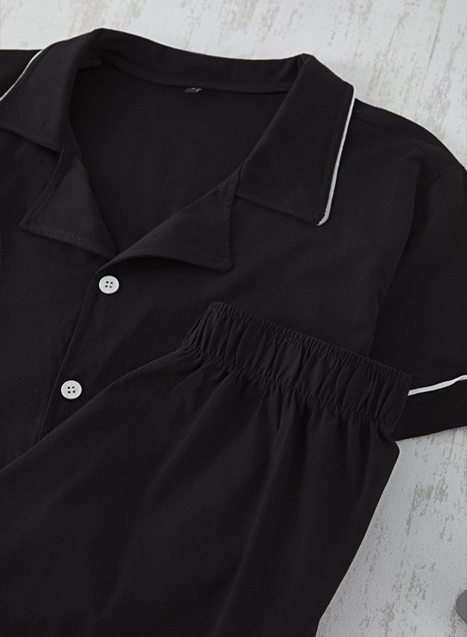 trendyol Black Regular Fit Knitted Pajamas Set with Buttoned Piping Detail Shorts - Image 5