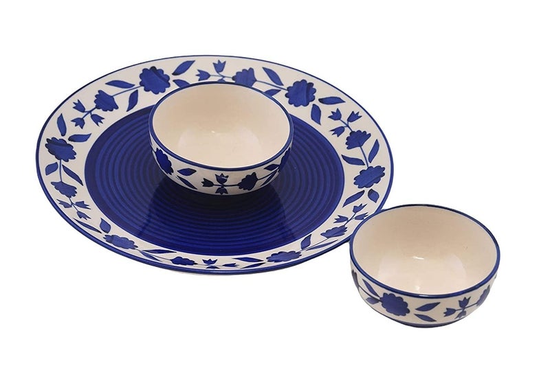 Phezent Blue Floral Ceramic Plates for Dinner with Katori (3 Pieces, 1 Dinner Plates, 2 Katori Bowl Dishwasher & Microwave Safe) -Dinner Sets Ceramic Dinner Set Bowls Set Dinnerware Sets - Image 1