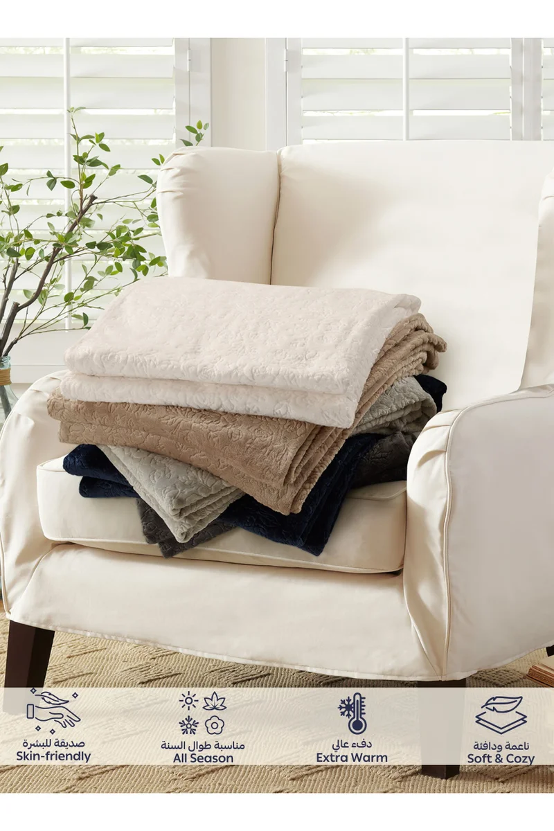 Donetella Light Ivory Fleece Blanket, Single Size 170x210 cm, 300 GSM, Floral Texture - Lightweight Ultra Soft & Warm Solid Throw Blanket, Cozy for Sofa, Bed & Couch  | Best Price UAE