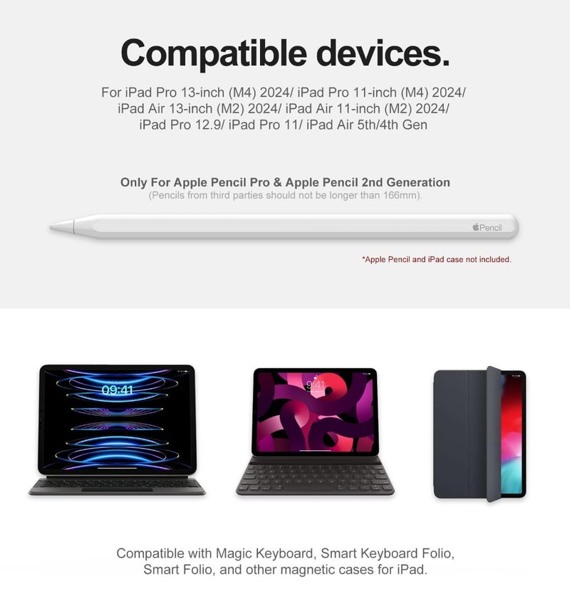 Dracool for Apple Pencil Pro/Apple Pencil 2nd Generation Pencil Holder Compatible with Magic Keyboard, Smart Folio, and Other Magnetic Cases for iPad Pencil Case 6.53 inch - White - Image 2