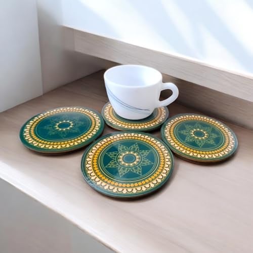 Tresneria Coasters, Set of 4, in Beautiful Green and Yellow Mandala Design | Dining Table Accessory | Round Shape | Diwali Gift | Corporate Gift | 4x4 inches, 5 mm Thick - Image 1
