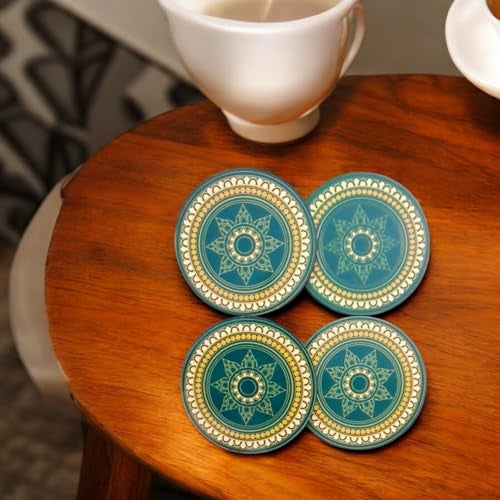 Tresneria Coasters, Set of 4, in Beautiful Green and Yellow Mandala Design | Dining Table Accessory | Round Shape | Diwali Gift | Corporate Gift | 4x4 inches, 5 mm Thick - Image 2