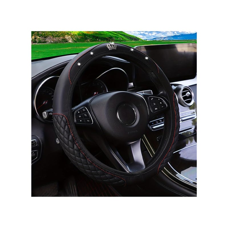 Couslcd Bling Car Steering Wheel Cover Diamond Leather Crystal Rhinestones Vehicles Steering Wheel Protector Sparkling AntiSlip Automotive Interior Decoration Accessories Universal Fit Black - Image 3