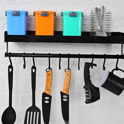 Boniry 56 CM Multipurpose Aluminum Bathroom Shelf with Movable Hooks & Towel Bar | Wall Shelf Bathroom Rack Ideal for Metal Bathroom and Kitchen Shelves (Black, 56 CM with Towel BAR & 10 Hook) - Image 5
