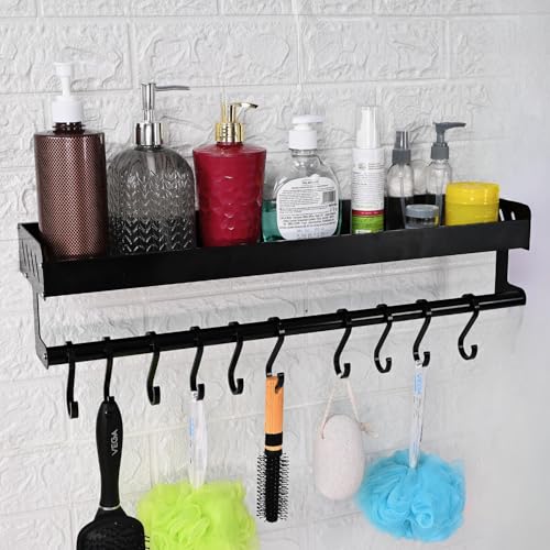 Boniry 56 CM Multipurpose Aluminum Bathroom Shelf with Movable Hooks & Towel Bar | Wall Shelf Bathroom Rack Ideal for Metal Bathroom and Kitchen Shelves (Black, 56 CM with Towel BAR & 10 Hook) - Image 1