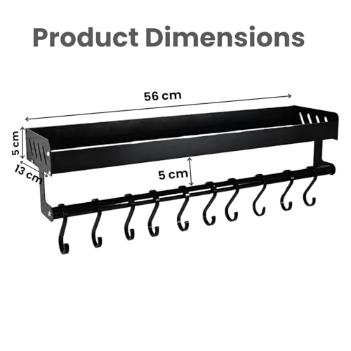 Boniry 56 CM Multipurpose Aluminum Bathroom Shelf with Movable Hooks & Towel Bar | Wall Shelf Bathroom Rack Ideal for Metal Bathroom and Kitchen Shelves (Black, 56 CM with Towel BAR & 10 Hook) - Image 2