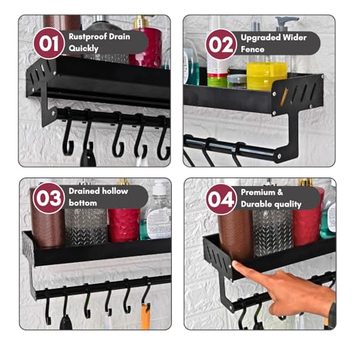 Boniry 56 CM Multipurpose Aluminum Bathroom Shelf with Movable Hooks & Towel Bar | Wall Shelf Bathroom Rack Ideal for Metal Bathroom and Kitchen Shelves (Black, 56 CM with Towel BAR & 10 Hook) - Image 3