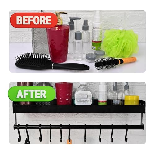 Boniry 56 CM Multipurpose Aluminum Bathroom Shelf with Movable Hooks & Towel Bar | Wall Shelf Bathroom Rack Ideal for Metal Bathroom and Kitchen Shelves (Black, 56 CM with Towel BAR & 10 Hook) - Image 4