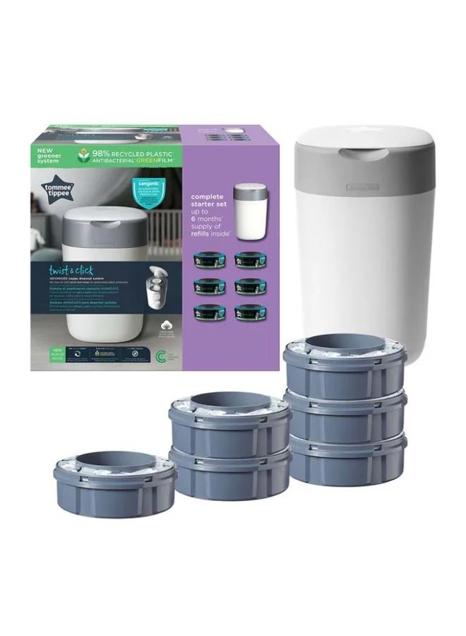 Tommee Tippee UK Tommee Tippee - Twist and Click Advanced Nappy Bin Starter Set with 6x Refill Cassettes - White