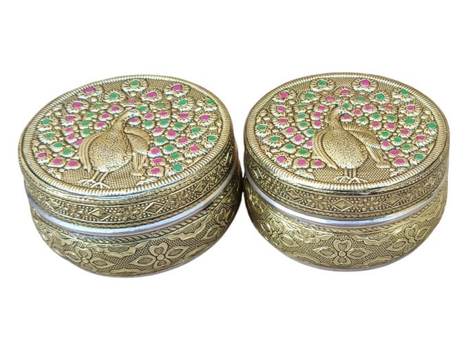 HANDICRAFT PEACOCK DESIGN STAINLESS STEEL DABBA CONTAINER MEENAKARI RAJWADI DECORATIVE OXIDIZED CHAPATI STORAGE BOX FOR SERVING DRYFRUIT CHOCOLATE AND MUKWASMARRIAGE GIFT PACK OF 2