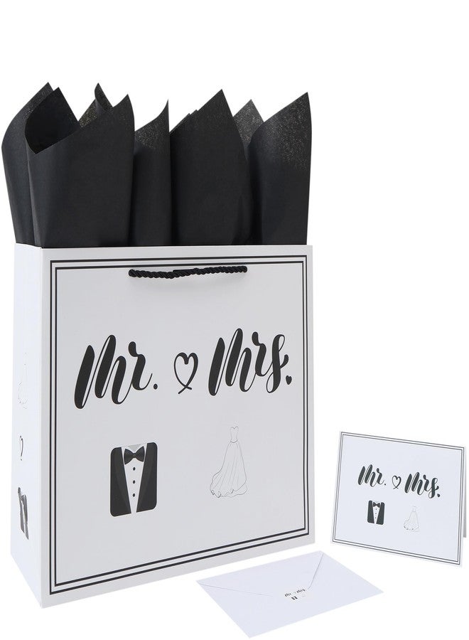 wishinside 13” Large Wedding Gift Bag Set with Handles, Greeting Card, Tissue Papers and Stickers for Bridal Shower Anniversary Engagement Newlyweds Couple, Elegant Mr. & Mrs. Design, 1 Pcs - Image 1