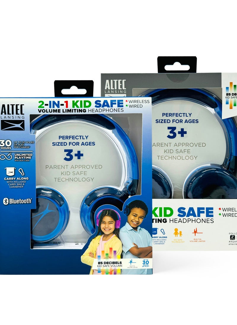 Altec Lansing - Kid Safe 2-in-1 Wireless Bluetooth Headphones Crystal Clear Sound, 30 hours Play Time Safe Volume Limiting, Foldable Design, Blue - Image 1
