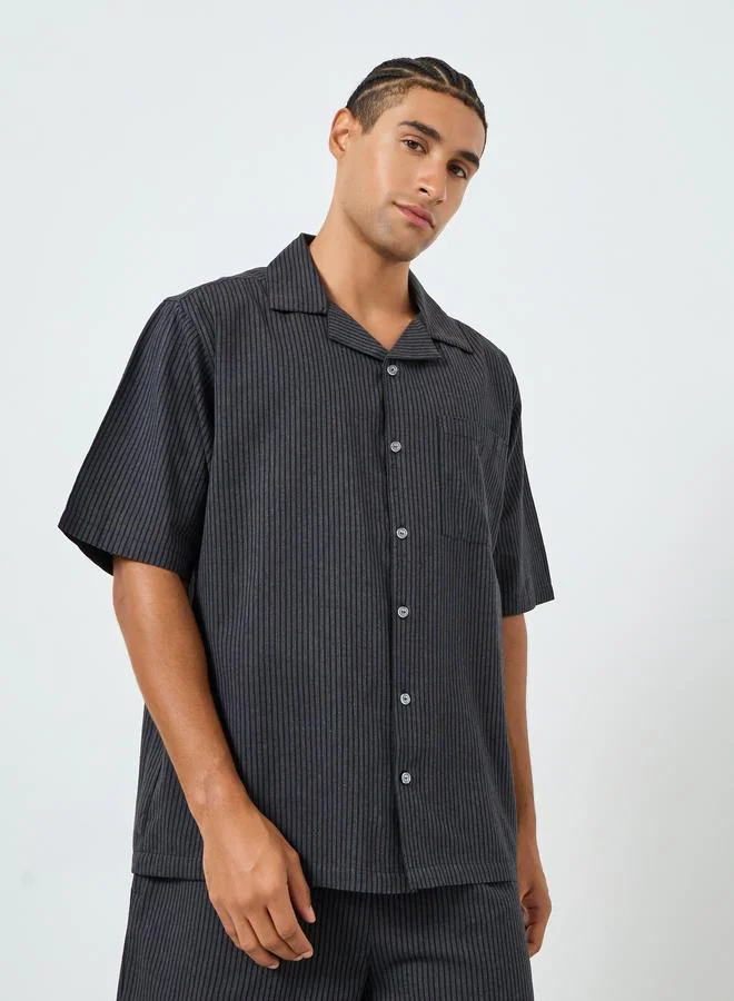 Styli  Men Grey Striped Cotton Shirt and Shorts Set for Men | Best Price UAE