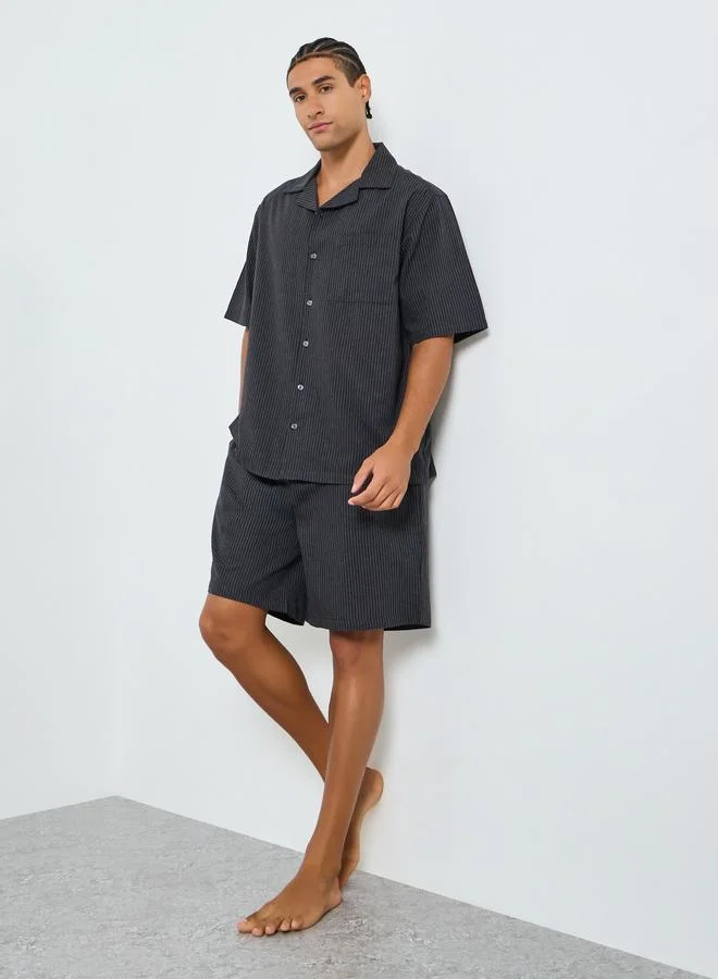Men Grey Striped Cotton Shirt and Shorts Set