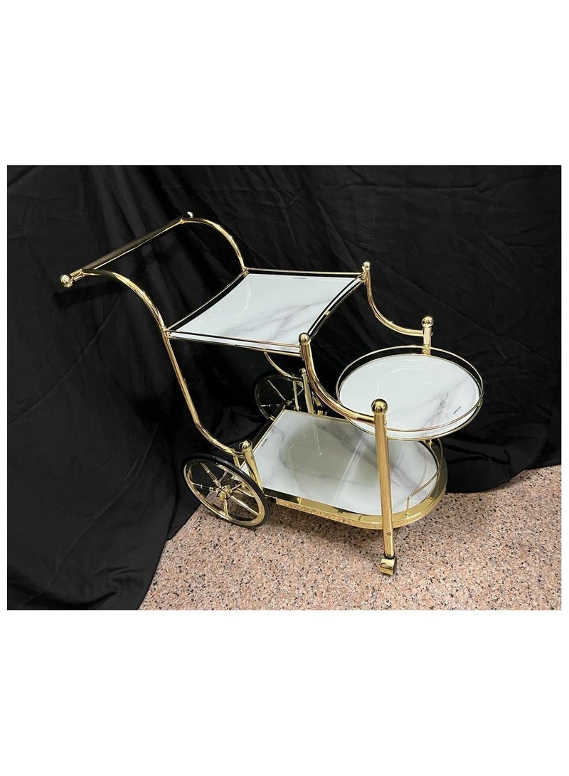 Mercury Serving Cart Trolley with 2 Tier Shelves and Rolling Wheels, White & Gold