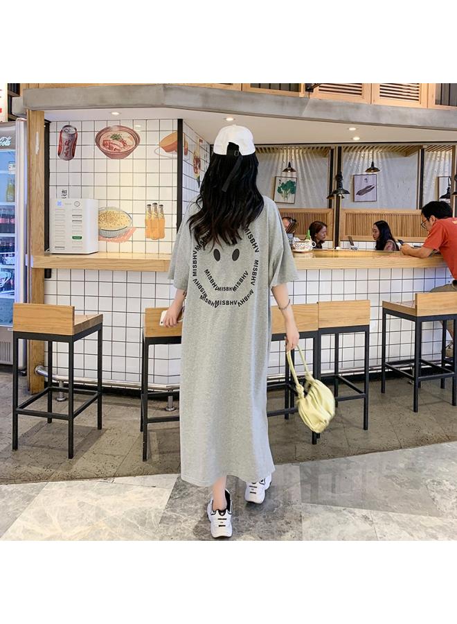 South Korea Plus Size T-shirt Women's Summer Smiley Cartoon Dress Women's Loose Split Mid-length Over-the-knee Long Skirt