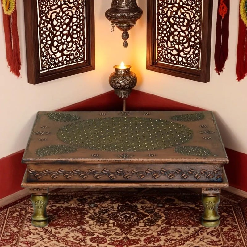 Medieval Arts Wooden Copper Finish Puja Patla Pooja Chowki Wooden Bajo for Pooja Home Decor Festivals18 18 ColorCopper - Image 1