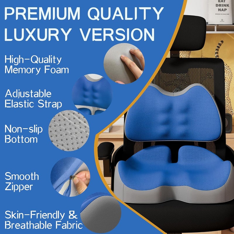 Benazcap X Large Memory Foam Seat Cushion Lumbar Support Pillow for Sciatica & Tailbone Pressure Relief Coccyx Pad for Office Chair, Wheelchair, Car, Home, Office, Blue - Image 2