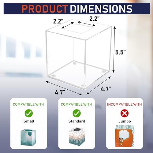 Dasher Products Acrylic Tissue Box Holder, Square Dispenser for Facial Tissues, Napkins, and Dryer Sheets. Perfect for Bathrooms, Desks, Countertops, Vanities, Bedrooms, and Nightstands (Square, Clear) - Image 2