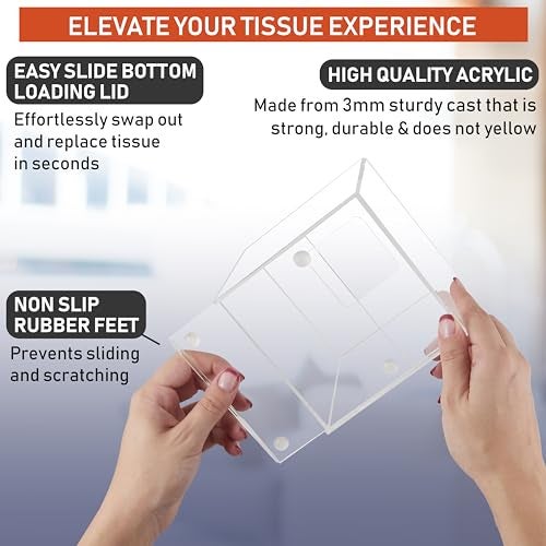 Dasher Products Acrylic Tissue Box Holder, Square Dispenser for Facial Tissues, Napkins, and Dryer Sheets. Perfect for Bathrooms, Desks, Countertops, Vanities, Bedrooms, and Nightstands (Square, Clear) - Image 3