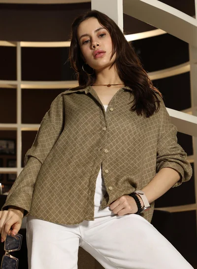 PINACOLADA Pinacolada Women's Olive Green Diamond Dobby Oversized Shirt | Spread Collar , Long Cuffed Sleeves , Button Closure | Geometric Dobby Material | Polyester Shirt For Casual Wear
