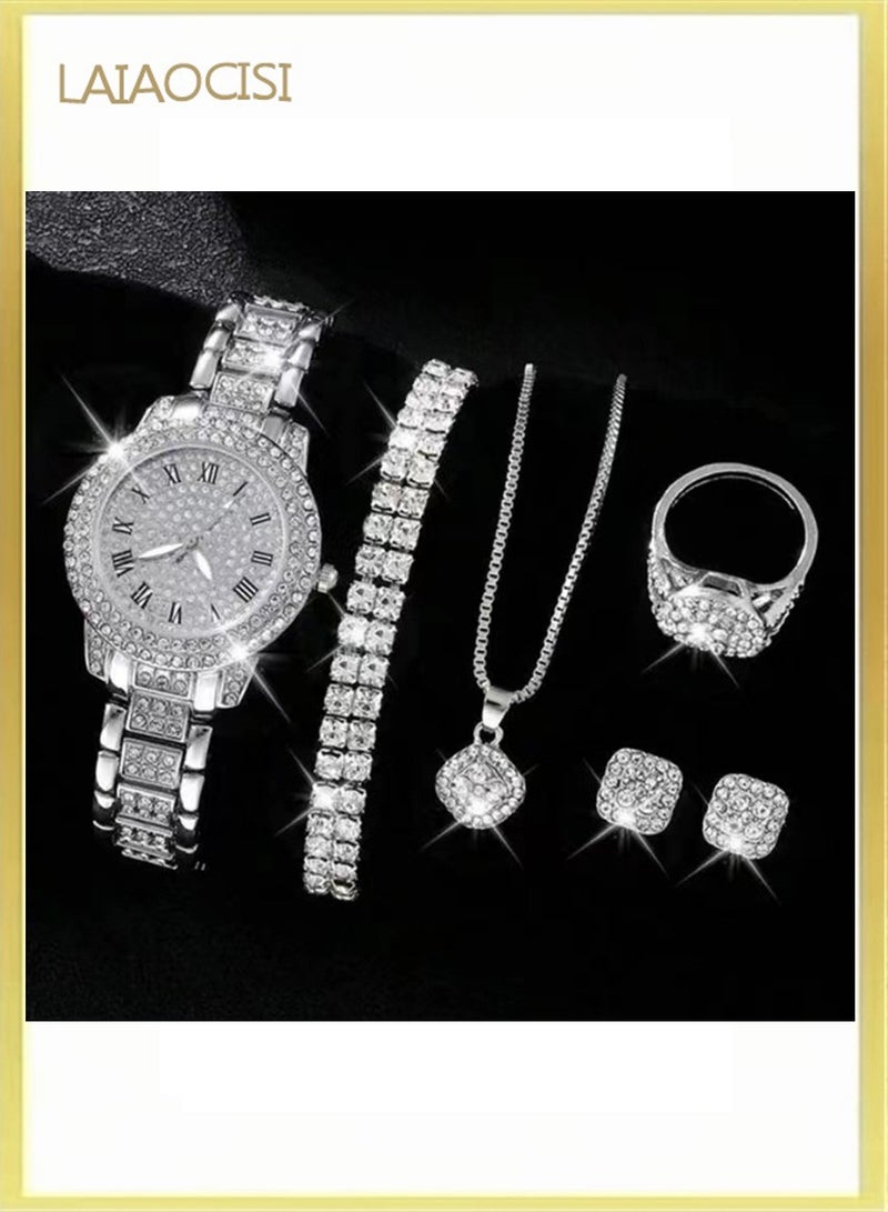 لياوسيسي ساعة نسائية فاخرة بتزيين كريستال كامل مع طقم مجوهرات فضي - Image 1
