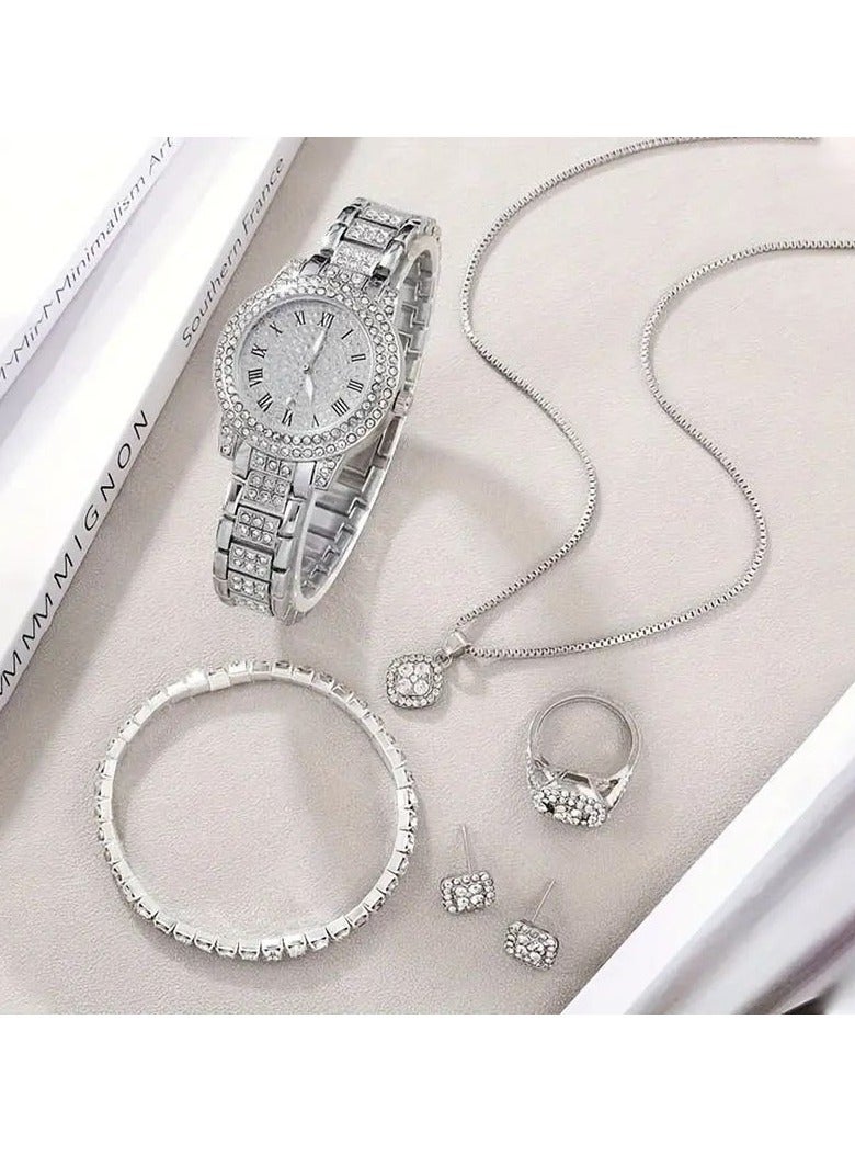 لياوسيسي ساعة نسائية فاخرة بتزيين كريستال كامل مع طقم مجوهرات فضي - Image 4