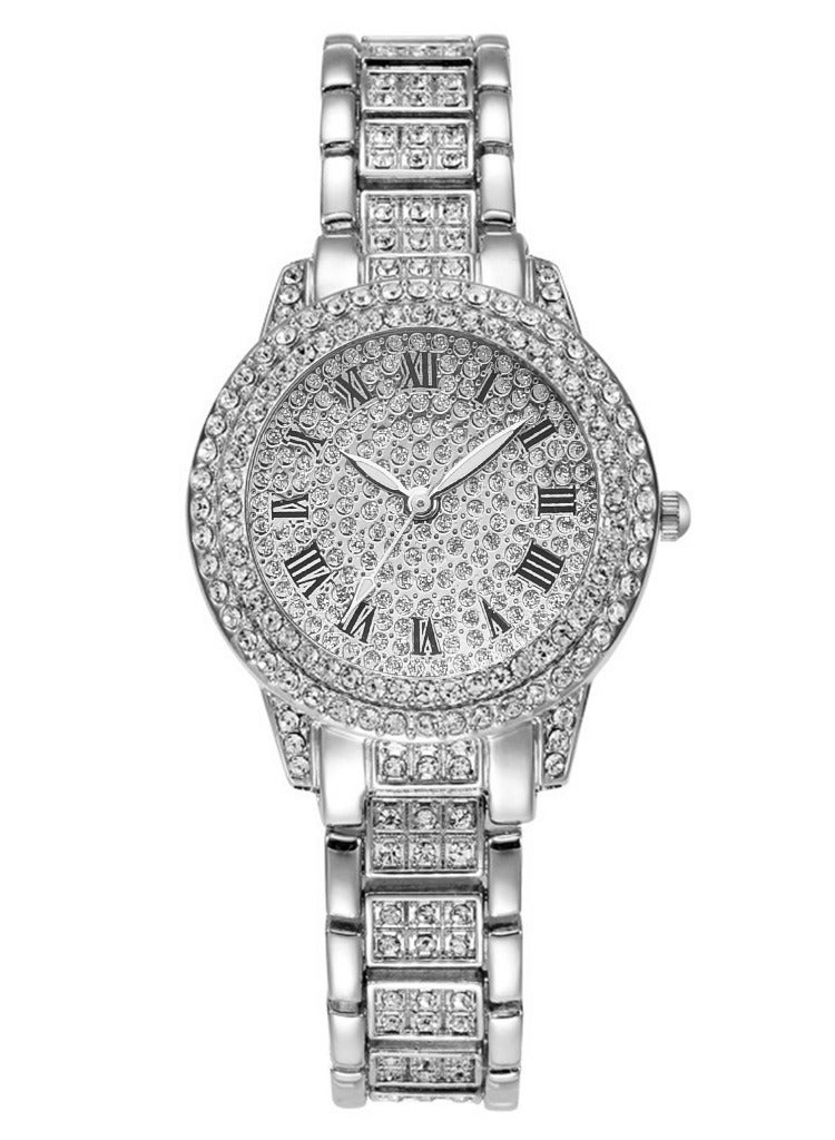 لياوسيسي ساعة نسائية فاخرة بتزيين كريستال كامل مع طقم مجوهرات فضي - Image 3