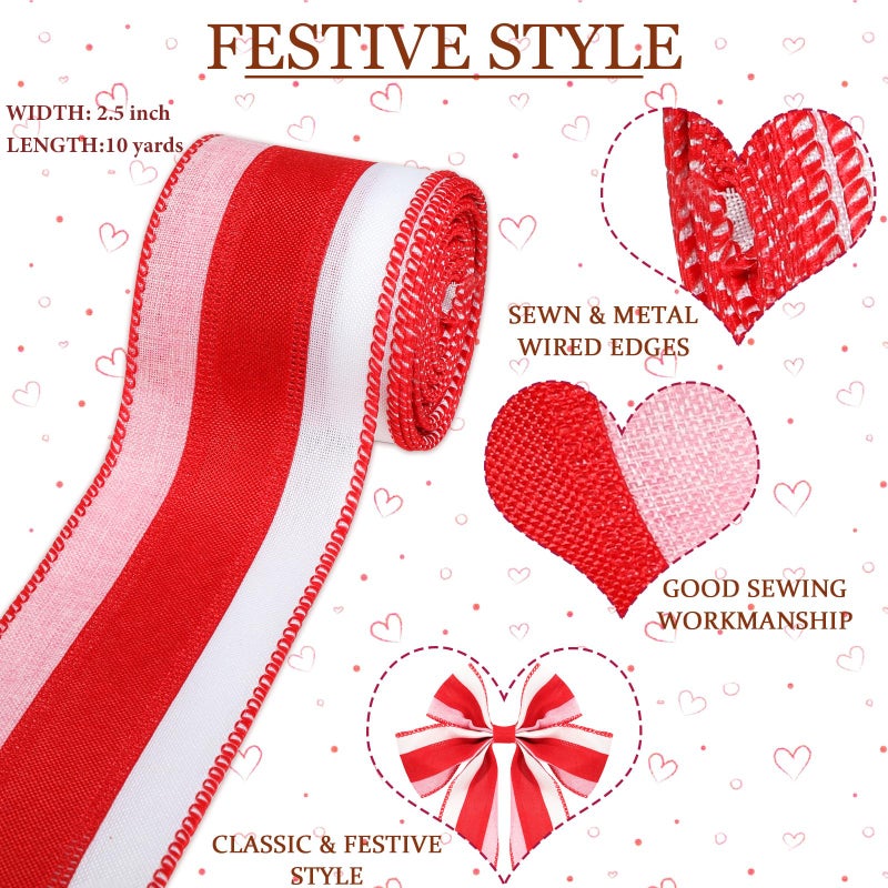 Sfoni Valentine's Day Ribbon Wired, Red White Pink Ribbon Striped Fabric Ribbons Gift Wrapping DIY Craft Wreath Bows Making Wedding Anniversary Holiday Party Birthday Decoration, 2.5 Inches x 10 Yards - Image 2