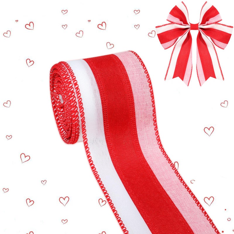 Sfoni Valentine's Day Ribbon Wired, Red White Pink Ribbon Striped Fabric Ribbons Gift Wrapping DIY Craft Wreath Bows Making Wedding Anniversary Holiday Party Birthday Decoration, 2.5 Inches x 10 Yards - Image 1