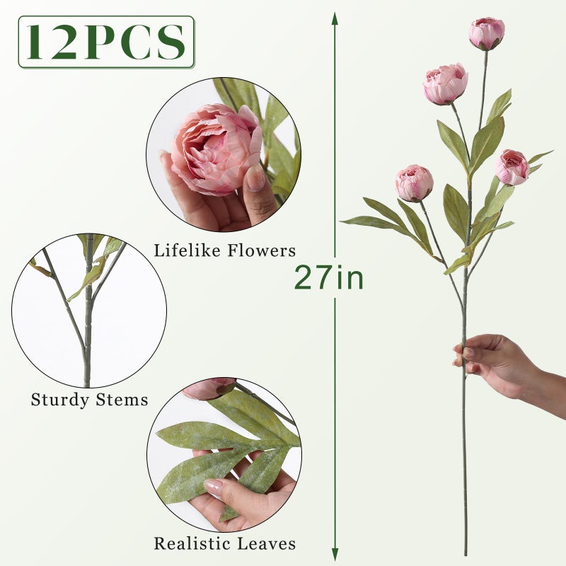VIERENA 12 Pcs Faux Silk Peony Artificial Flowers for Vase -27", Bulk Fake Peonies Branches with Stems for DIY Bouquet Centerpieces Wedding Fillers Arrangements Shower Decorations (Beige) - Image 5
