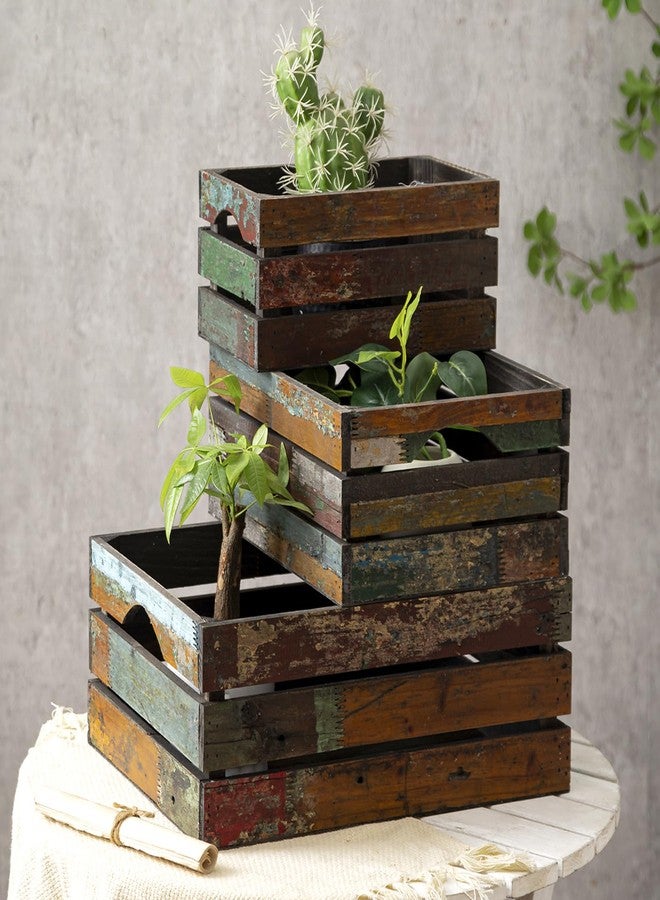 TIMRIS Set of 3 Rustic Distressed Wood Nesting Crates, Farmhouse Decorative Wooden Storage Boxes, Large Vintage Reclaimed Wood Baskets for Display (Random) - Image 1