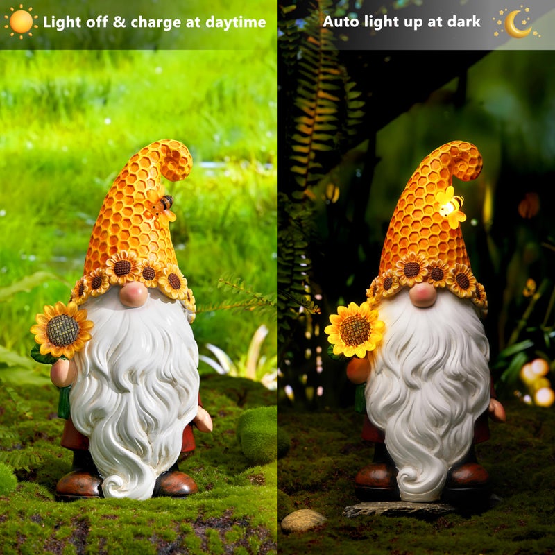 Olekki Garden Gnomes Outdoor - Sunflower Gnome Statue with Solar LED Lights for Yard, Patio, Lawn Ornaments - Best Garden Gifts for Mothers Day, Housewarming, Festival - Image 3