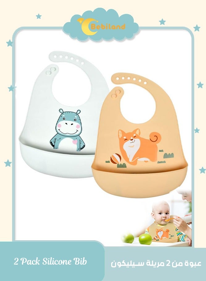 Bebiland 2 Pieces Silicone Baby Weaning Bibs with Food Catcher Pocket (Hippo/Puppy) - Image 1