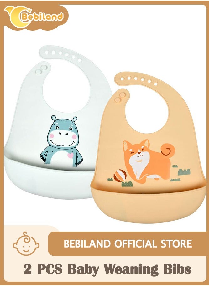 Bebiland 2 Pieces Silicone Baby Weaning Bibs with Food Catcher Pocket (Hippo/Puppy)  - Image 1