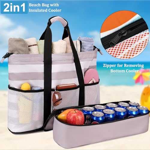 JIANYA Beach Bag Women Waterproof Sandproof Beach Tote Bags with Cooler Top Zipper Large Totes for Beach Pool Travel Daily Shallow coffee - Image 3