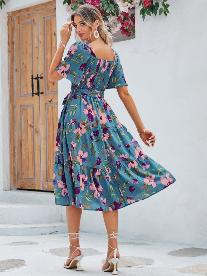 Amegoya Women's Flowy Summer Boho Floral Midi Dress Casual Square Neck Smocked Cottagecore Dress (Blue Floral M) - Image 4