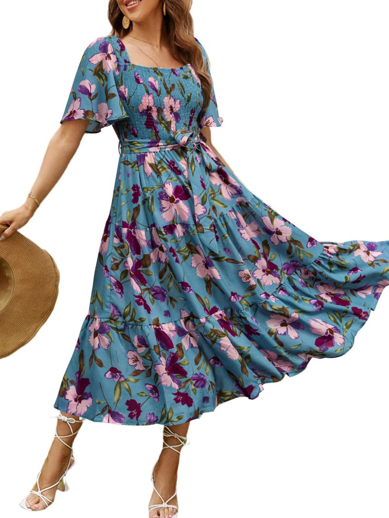 Amegoya Women's Flowy Summer Boho Floral Midi Dress Casual Square Neck Smocked Cottagecore Dress (Blue Floral M) - Image 1