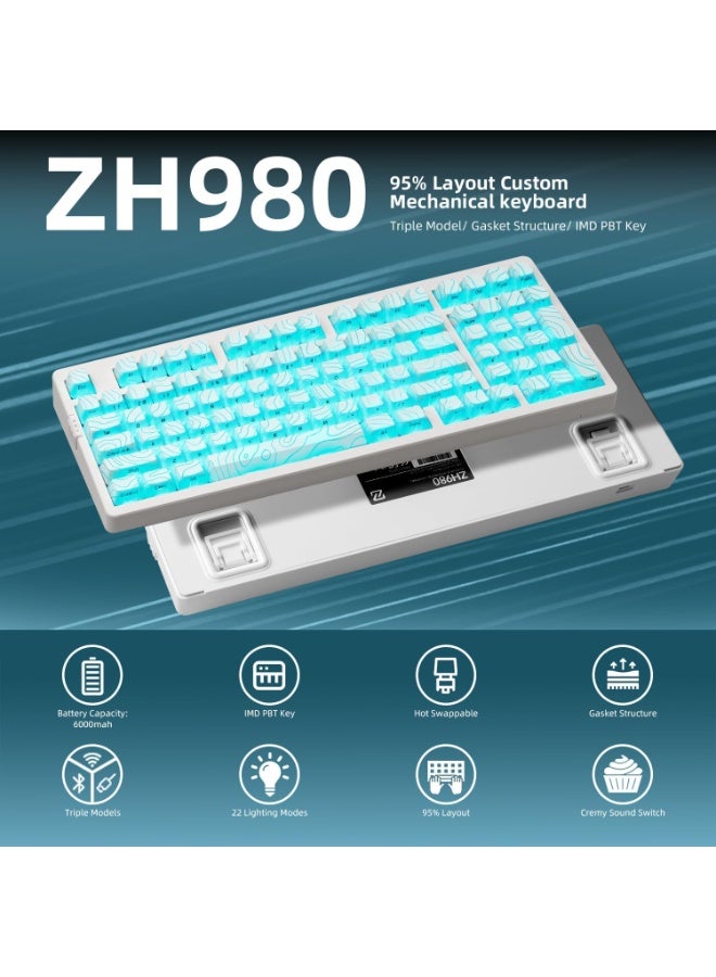زورنر لوحة مفاتيح ميكانيكية لاسلكية ZORNHER ZH980، لوحة مفاتيح بيضاء كريمية 95% مع لوحة أرقام، لوحة مفاتيح ألعاب مخصصة قابلة للتبديل السريع، أغطية مفاتيح طبوغرافية بيضاء، مفاتيح خطية ذات صوت كريمي، بالحجم الكامل - Image 2