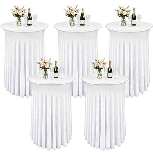 PWDAN 5 Pack White Cocktail Table Covers - 32 x 43 Inch Stretch Spandex Cocktail Tablecloths with Skirt Round Stretch High Top Table Cloths for Party, Bar, Pub, Wedding, Banquet, Birthday - Image 1